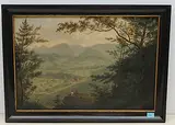 Blick auf ein Dorf in bewaldeter Tallandschaft (Umgebung der Habsburg?) by Johann Caspar Rahn, oil on panel, sold Jun 2020