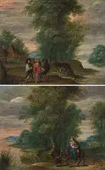 Umkreis Gegenstücke: Christus auf dem Weg nach Emmaus / Die Flucht nach Ägypten by Jasper van der Lanen, oil on copper, offered Mar 2020