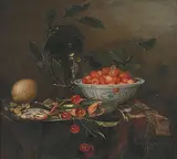 Stillleben mit Erdbeeren und Kirschen, einer Zitrone und einer Krabbe by Harmen Loeding, oil on panel, sold Mar 2020