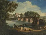 Flusslandschaft mit Brücke und Staffage by Mittelitalien, 1.Hälfte 17.Jh., oil on canvas, sold Mar 2020