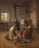 Junge hilft der Grossmutter in der Küche by Eduard Ritter, 1841, oil on canvas, sold Mar 2020