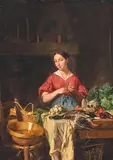 In der Küche, beim Vorbereiten der Mahlzeit by Charles Béranger, 1846, oil on panel, sold Mar 2020