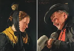 Gegenstücke: Bildnis einer jungen Frau in Tracht / eines Herrn mit Bierhumpen by Carl Kronberger, oil on panel, sold Mar 2020