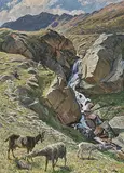 Ziegen am Wildbach bei Davos by Walter Lilie, 1908, oil on canvas, sold Mar 2020