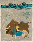 Figure with bull by M. F. Husain, color lithograph, sold Mar 2020