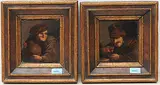 Nachfolger Gegenstücke: Mann mit einem Krug / Mann mit einem Glas by Adriaen Brouwer, oil on panel, sold Mar 2020