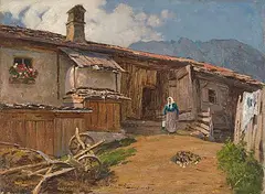 Bäuerin vor einem Bauernhaus by Stefan Simony, 1913, oil on board, offered Mar 2020