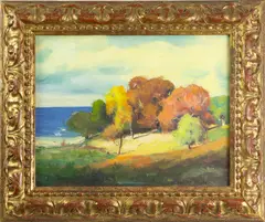 Landscape with Autumn Trees by Carl M. Thorp, oil on canvas affixed to board, sold Jan 2023