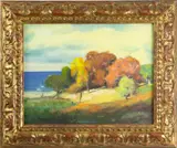 Landscape with Autumn Trees by Carl M. Thorp, oil on canvas affixed to board, sold Jan 2023