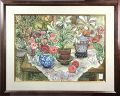 Still Life with Plants by Marjorie Stevens, watercolor, sold Jan 2023