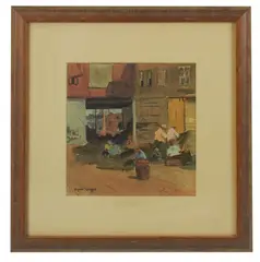 village scene with laborers by Virginia Helena Gruppé, watercolor, sold Jan 2026