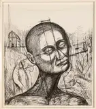Portrait with Bird and Figures by John Zaverdino, charcoal on paper, sold Dec 2024