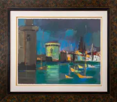 La Rochelle au Ciel Orange" [The Rock in the Orange Sky] by Marcel Mouly, 1984, Gouache on Paper, sold Sep 2024