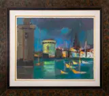 La Rochelle au Ciel Orange" [The Rock in the Orange Sky] by Marcel Mouly, 1984, Gouache on Paper, sold Sep 2024