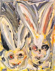 Early Double Bunnies by Hunt Slonem, 1989, Oil on Canvas, sold Oct 2024