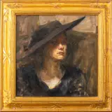 Portrait of a Woman in Black Broad Brimmed Hat by Ron Hicks, Oil on Canvas, sold Oct 2024