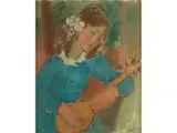 Mädchen in Blauem Kleid mit Mandoline by Sigmund Landau, oil on canvas, sold Apr 2022