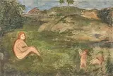 Nymphe im Wiesengrund als Repräsentantin der Urzeit" (Fragment), 1858 by Arnold Böcklin, oil, sold Mar 2020