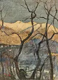 Tessiner Landschaft mit schneebedeckter Bergkette im Hintergrund by Luigi Taddei, oil, offered Mar 2020