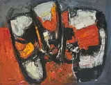 Komposition rot / schwarz / weiss, um 1970 by Carl Walter Liner, oil on canvas, sold Mar 2020