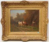 Landschaft mit Ochsengespann und Bauer bei Gras mähen, 1877 by Charles Humbert, oil on canvas, offered Mar 2020