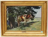 Alplandschaft, Kuh im Schatten einer Wettertanne by Albert Lugardon, oil on paper, sold Mar 2020