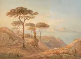 Blick von einer Anhöhe über den Golf von Sorrent auf die Insel Capri by Rudolf Müller, watercolor, offered Dec 2019