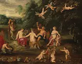Bacchus mit Flora, Ceres und Venus in einer Landschaft by Antwerpen, 17.Jh., oil on panel, sold Dec 2019
