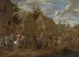Reitertruppen ziehen in ein Dorf ein by Lambert de I Hondt, oil on canvas, offered Dec 2019