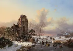 Winterlandschaft mit Eisvergnügen vor den Ruinen des Klosters Villers-la-Ville by Fredrik Marinus Kruseman, 1850, oil on panel, sold Dec 2019