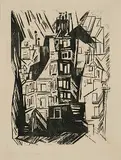 Pariser Häuser by Lyonel Feininger, 1920, woodcut, sold Dec 2019