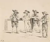 Vier Bauernburschen an einem Zaun by Friedrich August Brand, pen and ink, offered Dec 2019