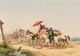 Erfreuliche Begegnung (Ulanenoffizier grüsst junges Bauernmädchen auf vorbeiziehenden Wagen) by Rainhold Braun, watercolor, sold Dec 2019