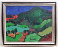 Landschaft mit rotem Feld by Gernot Kissel, oil on canvas, sold Dec 2019