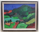 Landschaft mit rotem Feld by Gernot Kissel, oil on canvas, sold Dec 2019