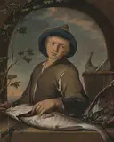 in der Art Junger Fischverkäufer by Louis de Moni, oil on panel, offered Dec 2019