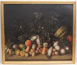 Stilleben mit Früchten, Gemüsen und Wachteln, dahinter an belaubten Zweigen Zwetschgen und Nüsse by Neapel, 18.Jh., oil on canvas, sold Dec 2019