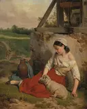 Rastende Hirtin vor einem Brunnen by Jean Alphonse Roehn, 1840, oil on canvas, offered Dec 2019