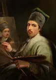 Selbstportrait eines Malers beim Malen eines Portraits, verso halbe Ikone mit der Darstellung des Heilgen Nikolaus und Enthauptung des Johannes by Rumänien, 19.Jh., oil on panel, sold Dec 2019