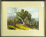 Tree Trunks and Rolling Hills by R. Ross, watercolor on paper, sold Jan 2023