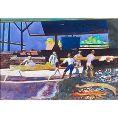 Fishermen by Millard Sheets, watercolor, sold Jan 2023