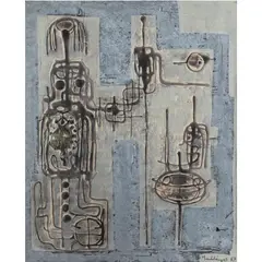 Composition" (Abstract Figures) by Yiannis Maltezos, 1963, mixed media on canvas, sold Jan 2023