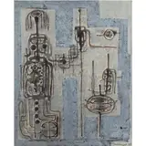Composition" (Abstract Figures) by Yiannis Maltezos, 1963, mixed media on canvas, sold Jan 2023