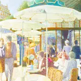 Printemps au Cafe de la Paix by Louis Fabien, 1980, oil on canvas, sold Jan 2023