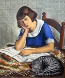 Untitled (Girl Reading Music with Cat) by Annatol Shulkin, 1935, oil on canvas, sold Jan 2023