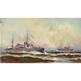 Battle Ship Scene by Eduardo de Martino, oil on canvas affixed to cardboard, sold Jan 2023