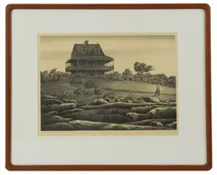 coastal view of titled house by the sea by Alan Horton Crane, lithograph, sold Jan 2026