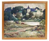 landscape with body of water and buildings by Harry De Maine, oil on canvas, sold Jan 2026
