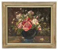 floral still life with vibrant bouquet of roses and other flowers in a dark vase by Leslie Cope, oil on board, sold Jan 2026