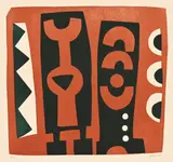 Black and White Forms on Terracotta Ground by Hannes Harrs, woodcut, sold Dec 2024